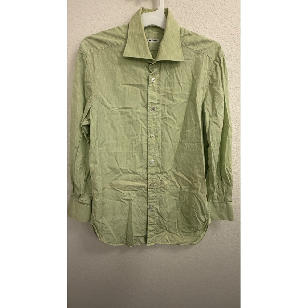 Kiton Napoli Mens Dress Shirt 16 41 Green Micro Check Cotton Italy
